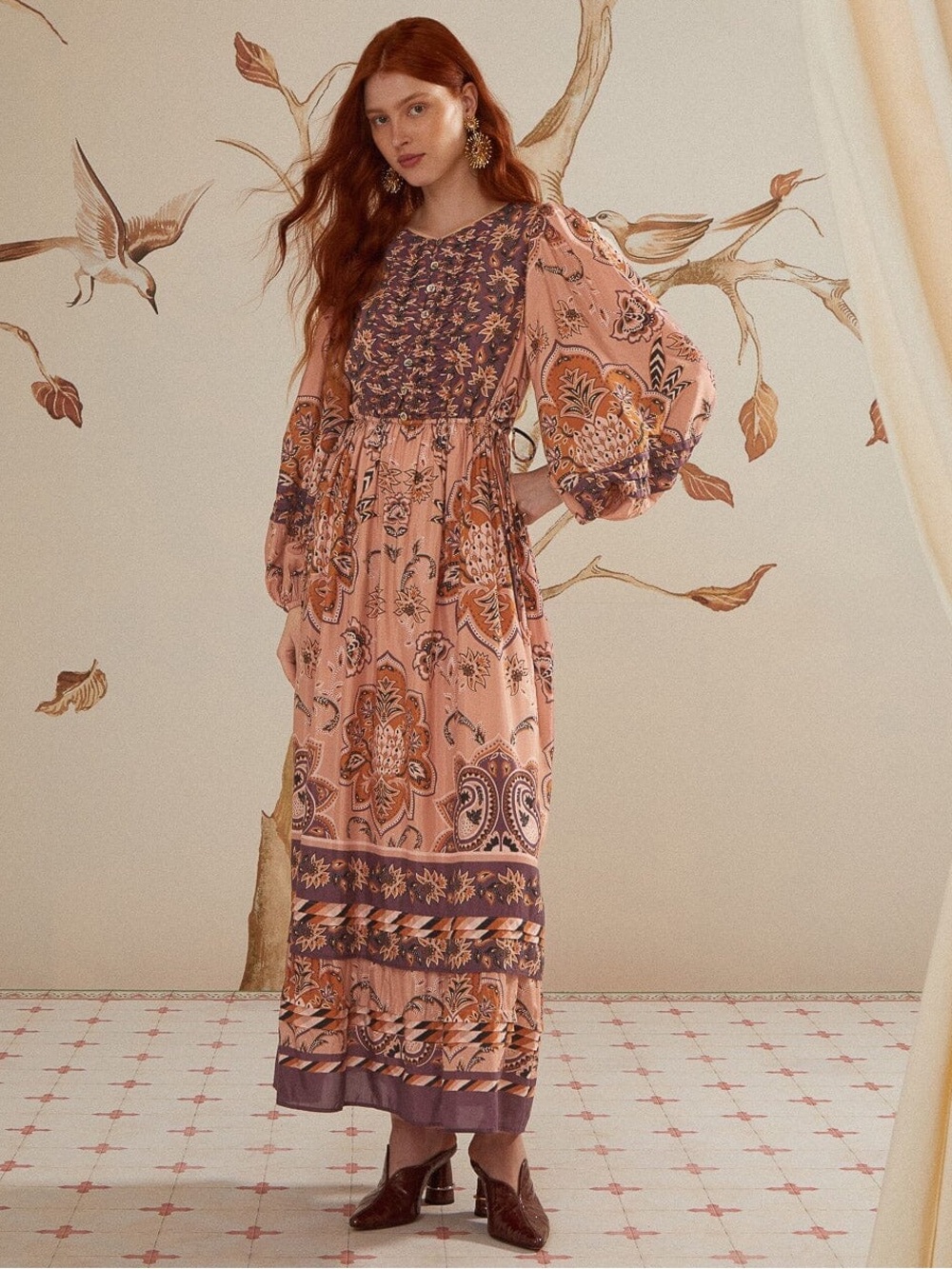 Farm Rio Glam Tapestry Burgundy Long Sleeve Maxi Dress